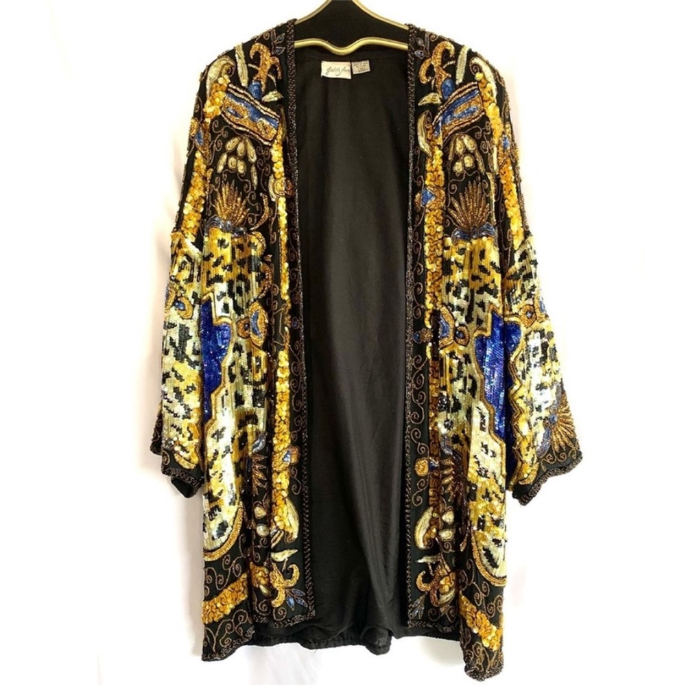 SHOP CLOSING! Vintage 70s Judith Ann Black and Gold Beaded Silk Caftan Jacket